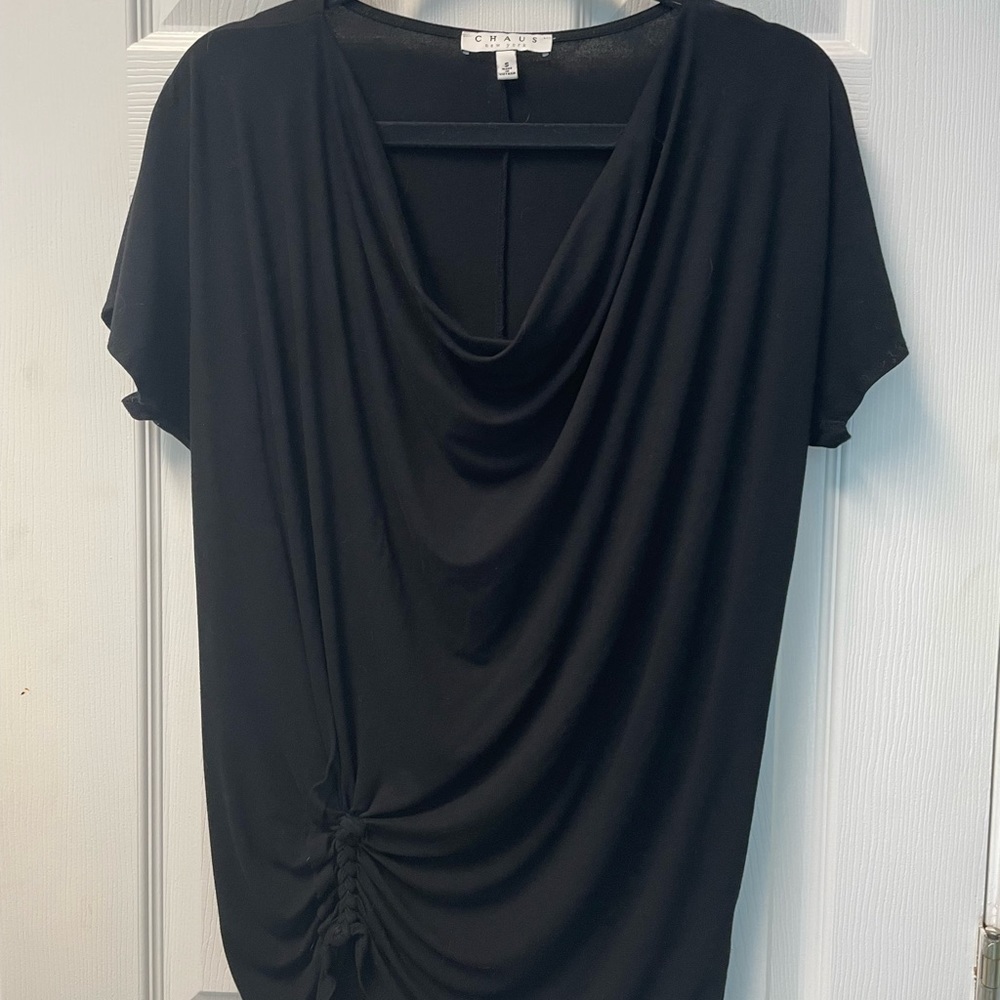 Chaus Black Short Sleeve Draping neck faux Wrap Top S